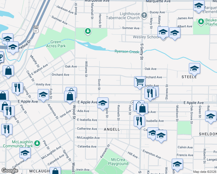 map of restaurants, bars, coffee shops, grocery stores, and more near 601 Amity Avenue in Muskegon