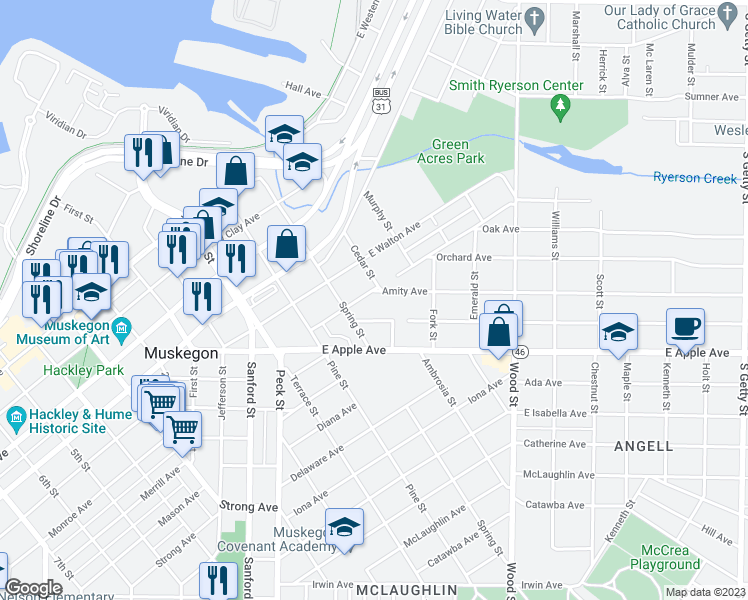 map of restaurants, bars, coffee shops, grocery stores, and more near 159 Amity Avenue in Muskegon