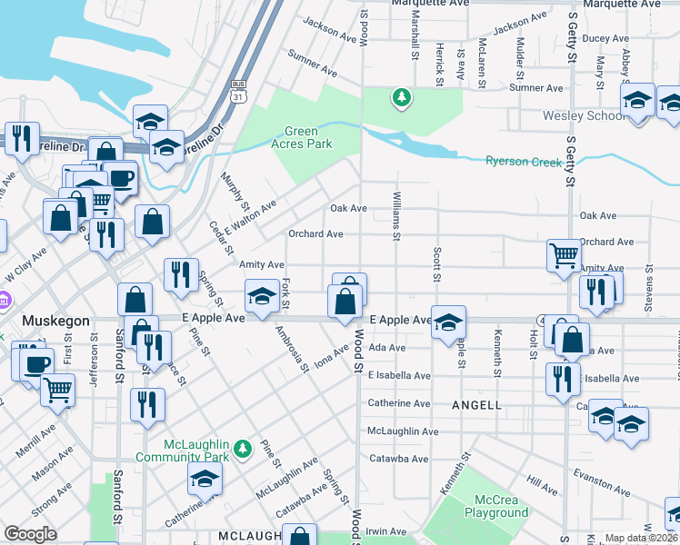 map of restaurants, bars, coffee shops, grocery stores, and more near 361 Amity Avenue in Muskegon
