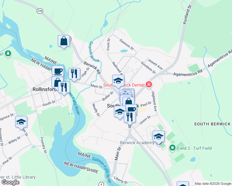 map of restaurants, bars, coffee shops, grocery stores, and more near 325 Main Street in South Berwick