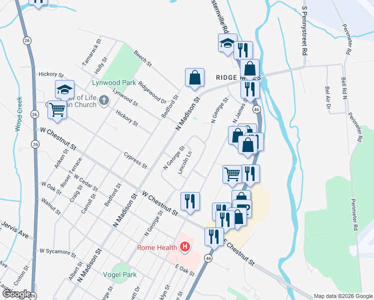 map of restaurants, bars, coffee shops, grocery stores, and more near 1715 Lincoln Lane in Rome
