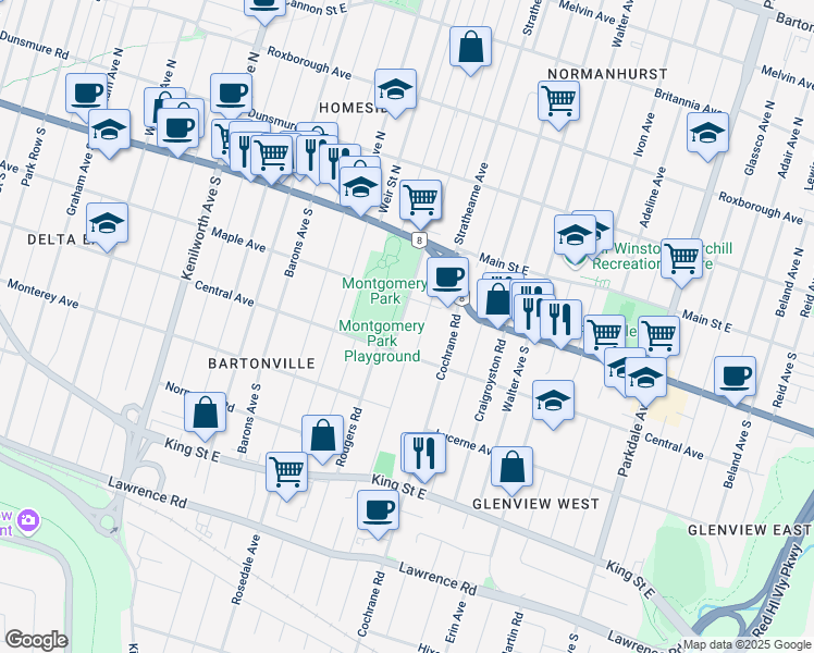 map of restaurants, bars, coffee shops, grocery stores, and more near 73 Berry Avenue in Hamilton