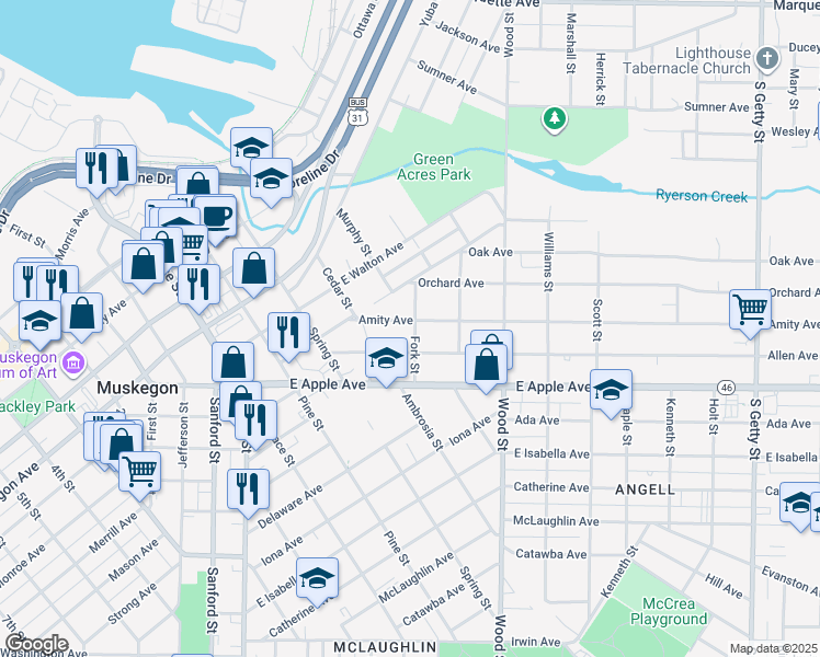 map of restaurants, bars, coffee shops, grocery stores, and more near 253 Amity Avenue in Muskegon