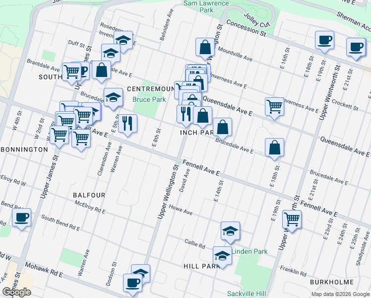 map of restaurants, bars, coffee shops, grocery stores, and more near in Hamilton