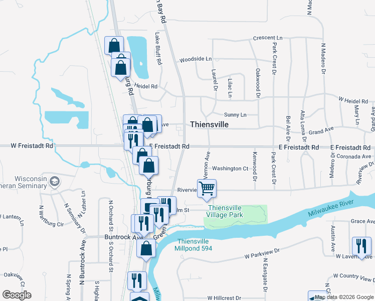 map of restaurants, bars, coffee shops, grocery stores, and more near 250 Green Bay Road in Thiensville