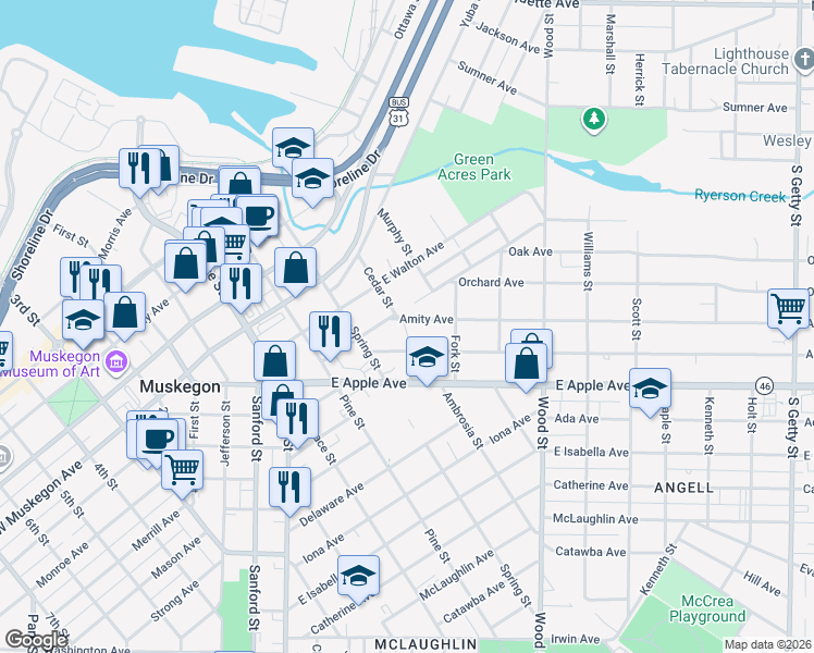 map of restaurants, bars, coffee shops, grocery stores, and more near 185 Amity Avenue in Muskegon