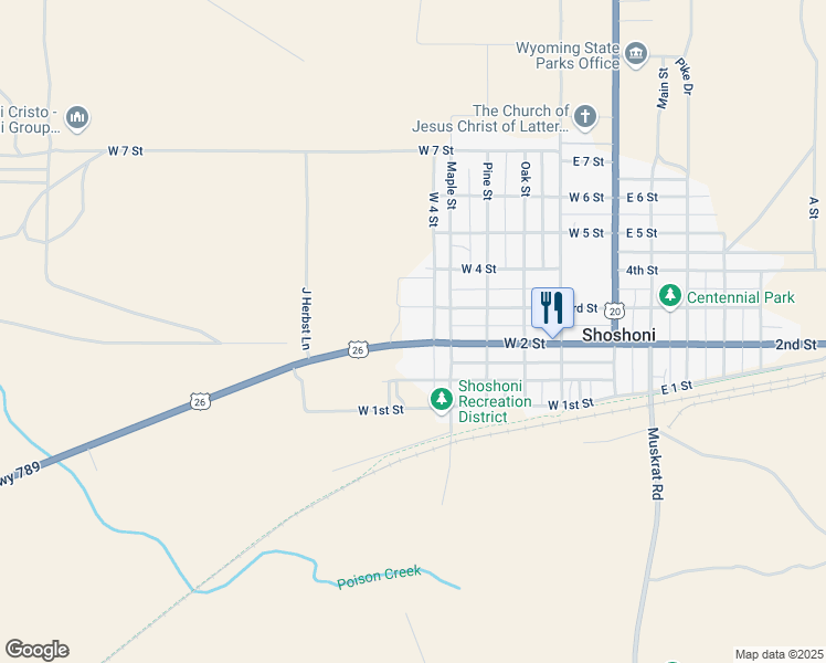 map of restaurants, bars, coffee shops, grocery stores, and more near 550 West 2 Street in Shoshoni