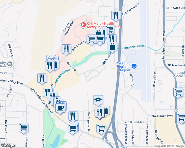 map of restaurants, bars, coffee shops, grocery stores, and more near 2525 Northwest Edenbower Boulevard in Roseburg