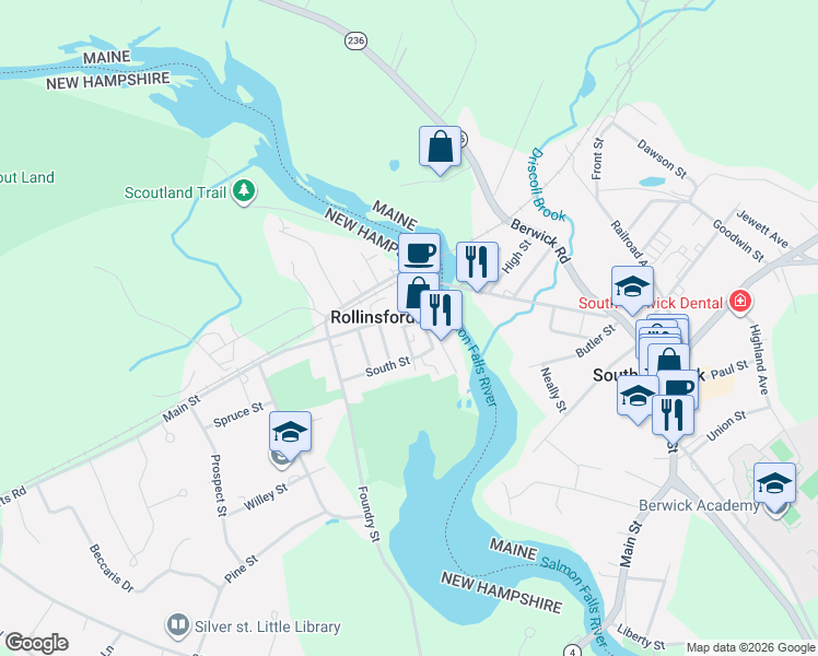 map of restaurants, bars, coffee shops, grocery stores, and more near 701 Main Street in Rollinsford