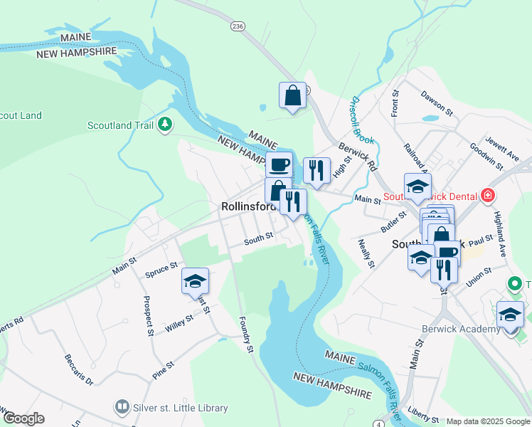 map of restaurants, bars, coffee shops, grocery stores, and more near 701 Main Street in Rollinsford