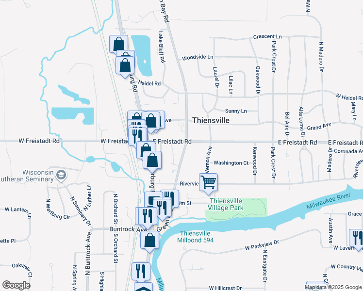 map of restaurants, bars, coffee shops, grocery stores, and more near 250 Green Bay Road in Thiensville