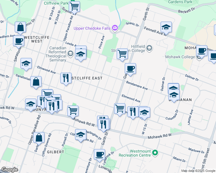 map of restaurants, bars, coffee shops, grocery stores, and more near 23 West 22nd Street in Hamilton