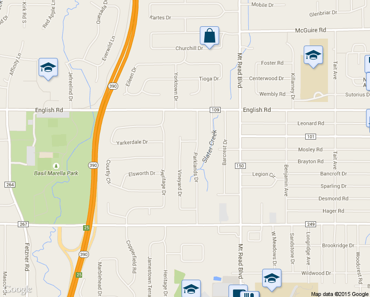map of restaurants, bars, coffee shops, grocery stores, and more near 106 Vineyard Drive in Rochester