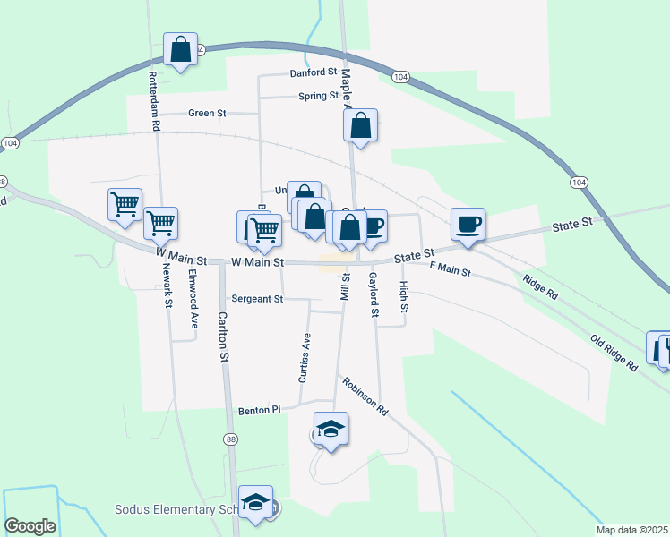 map of restaurants, bars, coffee shops, grocery stores, and more near 23 West Main Street in Sodus