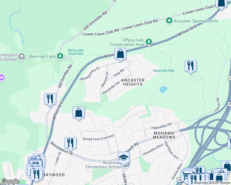 map of restaurants, bars, coffee shops, grocery stores, and more near 799 Mewburn Road in Hamilton