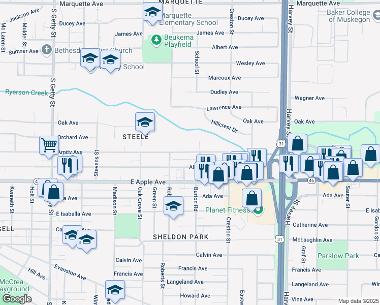 map of restaurants, bars, coffee shops, grocery stores, and more near 1269 Amity Ave in Muskegon