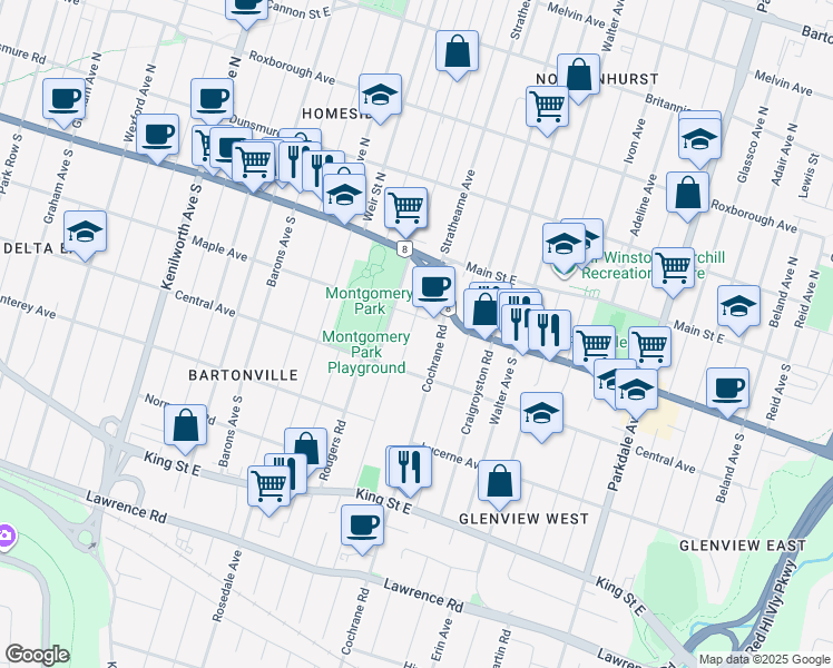 map of restaurants, bars, coffee shops, grocery stores, and more near 61 Bell Avenue in Hamilton