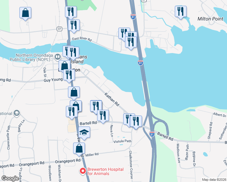 map of restaurants, bars, coffee shops, grocery stores, and more near 5657 Davey Road in Brewerton