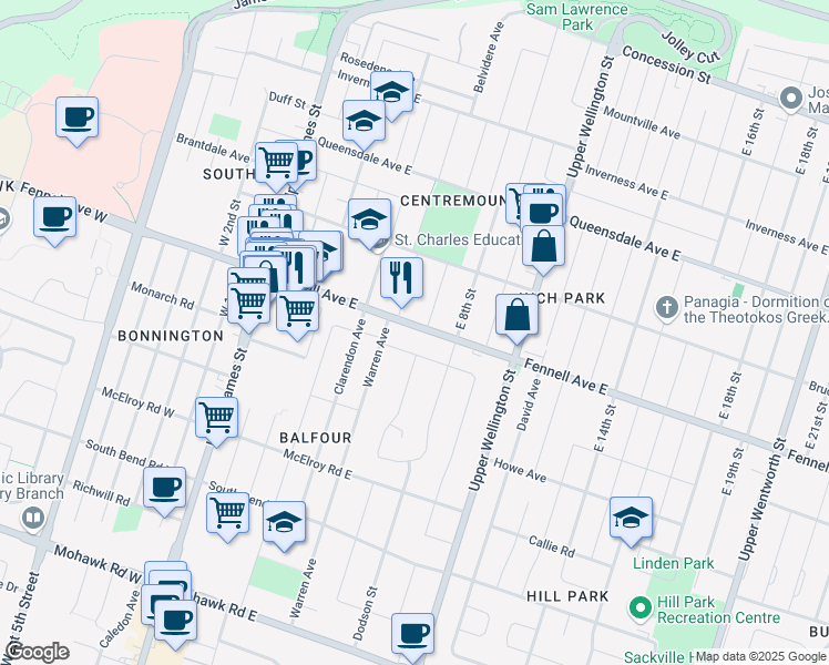 map of restaurants, bars, coffee shops, grocery stores, and more near 152 Fennell Avenue East in Hamilton