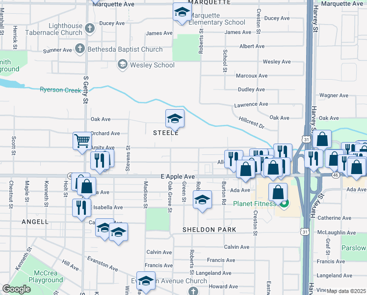 map of restaurants, bars, coffee shops, grocery stores, and more near 1150 Amity Avenue in Muskegon