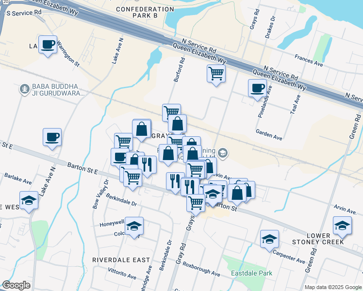 map of restaurants, bars, coffee shops, grocery stores, and more near 140 Brockley Drive in Hamilton