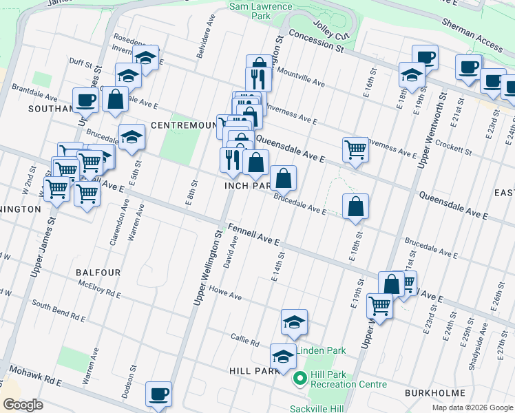 map of restaurants, bars, coffee shops, grocery stores, and more near 260 East 12th Street in Hamilton