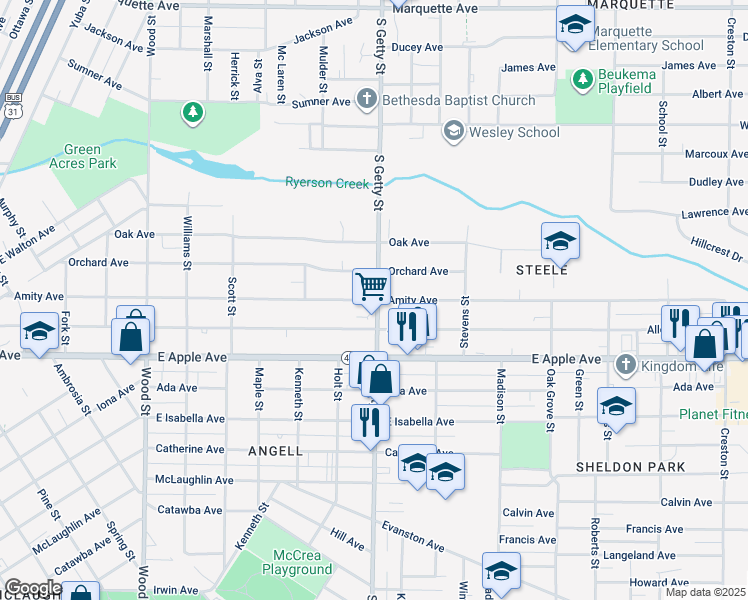 map of restaurants, bars, coffee shops, grocery stores, and more near 792 Amity Ave in Muskegon