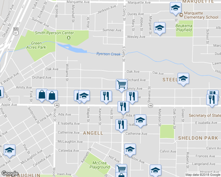 map of restaurants, bars, coffee shops, grocery stores, and more near 723 Amity Avenue in Muskegon
