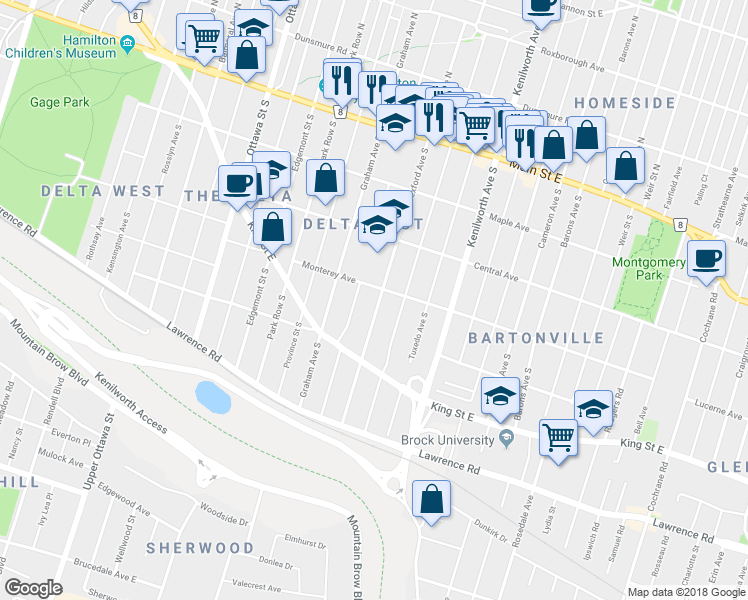 map of restaurants, bars, coffee shops, grocery stores, and more near 176 Wexford Avenue South in Hamilton