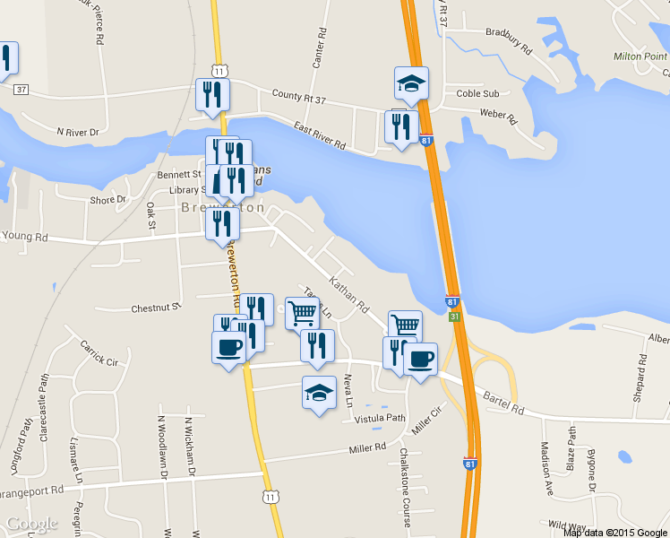 map of restaurants, bars, coffee shops, grocery stores, and more near 5541 Kathan Road in Brewerton