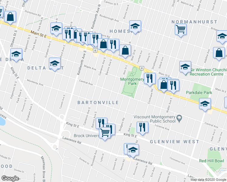 map of restaurants, bars, coffee shops, grocery stores, and more near 69 Tragina Avenue South in Hamilton