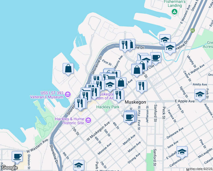 map of restaurants, bars, coffee shops, grocery stores, and more near 376 West Western Avenue in Muskegon