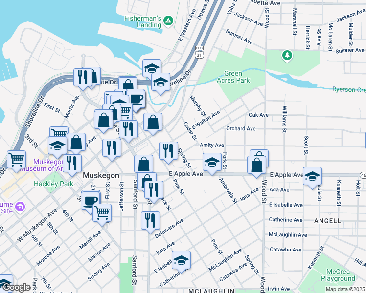 map of restaurants, bars, coffee shops, grocery stores, and more near 912 Spring Street in Muskegon