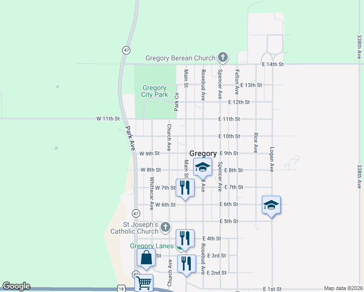 map of restaurants, bars, coffee shops, grocery stores, and more near 903-999 Main Street in Gregory