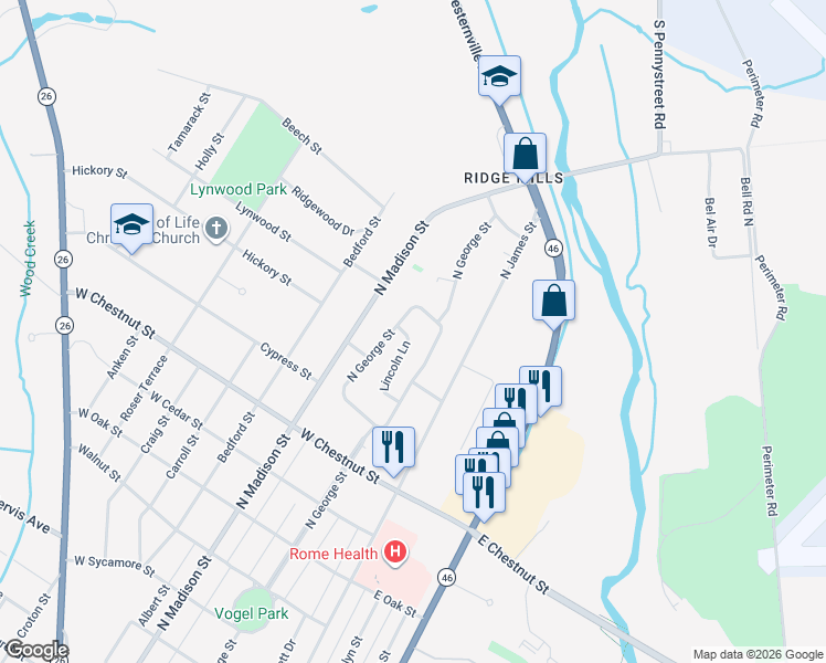 map of restaurants, bars, coffee shops, grocery stores, and more near 1715 Lincoln Lane in Rome