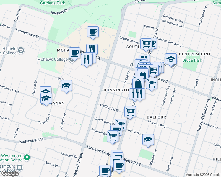 map of restaurants, bars, coffee shops, grocery stores, and more near 33 West 4th Street in Hamilton