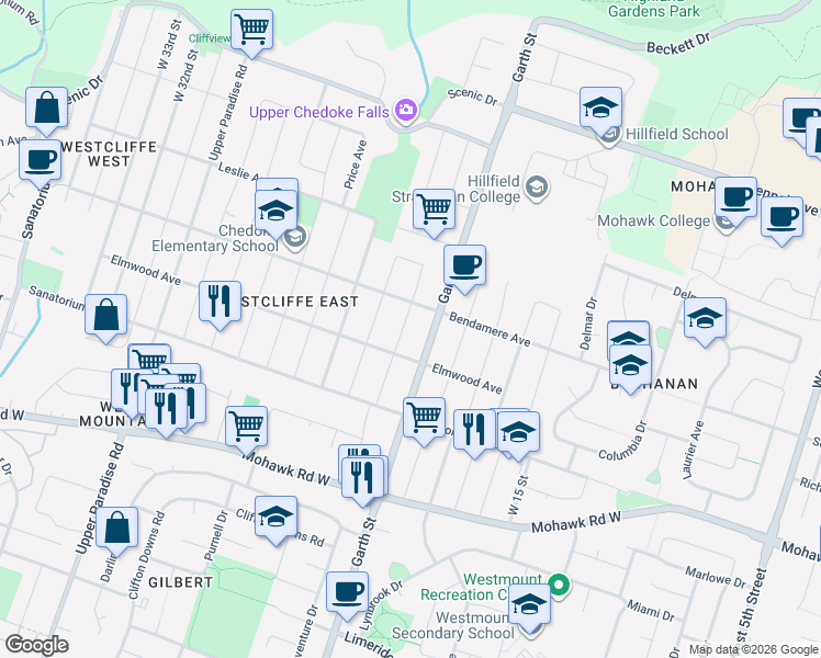 map of restaurants, bars, coffee shops, grocery stores, and more near 15 West 21st Street in Hamilton
