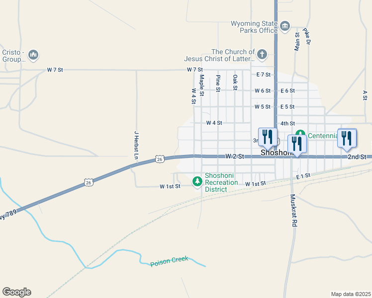map of restaurants, bars, coffee shops, grocery stores, and more near 550 West 2 Street in Shoshoni