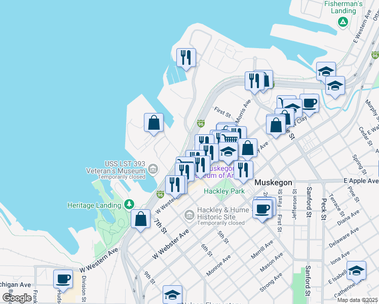 map of restaurants, bars, coffee shops, grocery stores, and more near Shoreline Drive in Muskegon