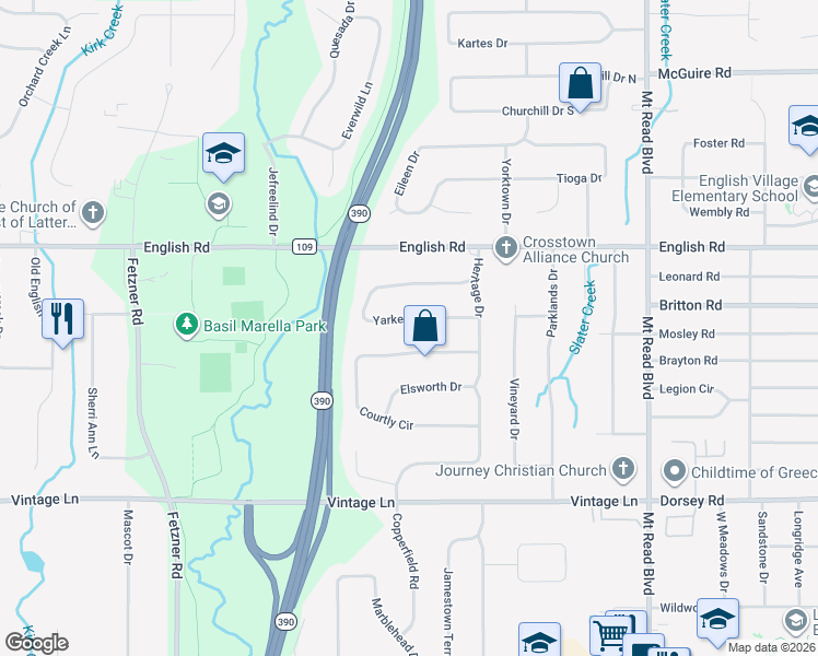 map of restaurants, bars, coffee shops, grocery stores, and more near 91 Yarkerdale Drive in Rochester
