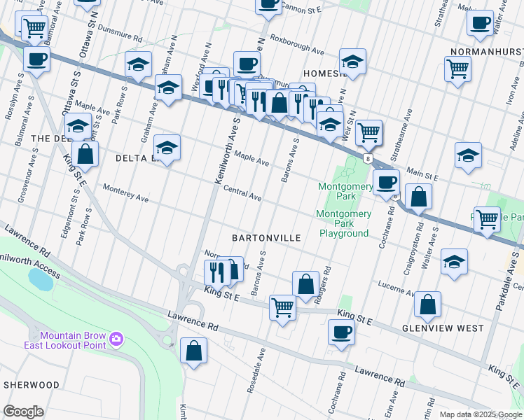 map of restaurants, bars, coffee shops, grocery stores, and more near 67 Cameron Avenue South in Hamilton