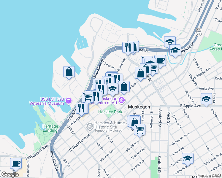 map of restaurants, bars, coffee shops, grocery stores, and more near 376 West Western Avenue in Muskegon