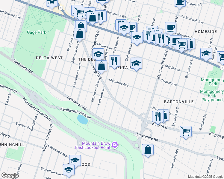 map of restaurants, bars, coffee shops, grocery stores, and more near 185 Province Street South in Hamilton