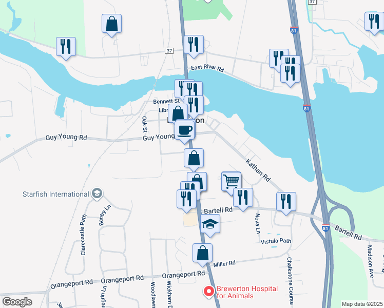 map of restaurants, bars, coffee shops, grocery stores, and more near 9632 Route 11 in Brewerton