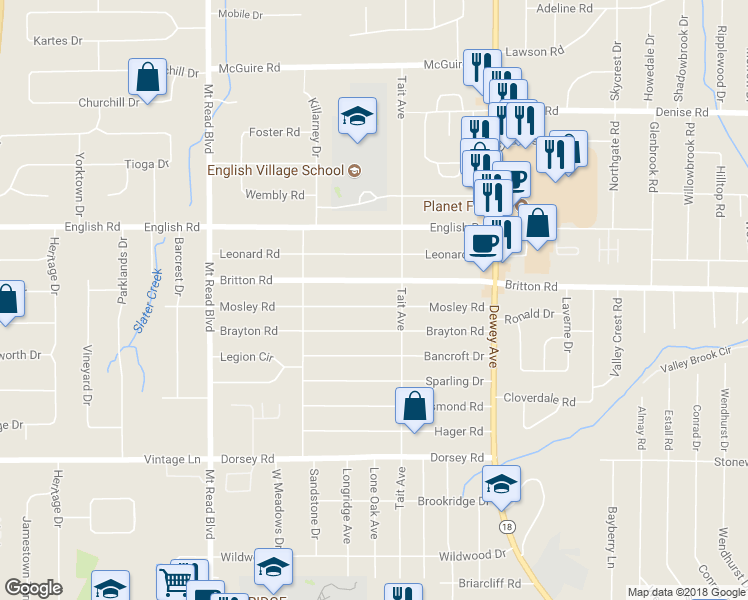 map of restaurants, bars, coffee shops, grocery stores, and more near 180 Mosley Road in Rochester