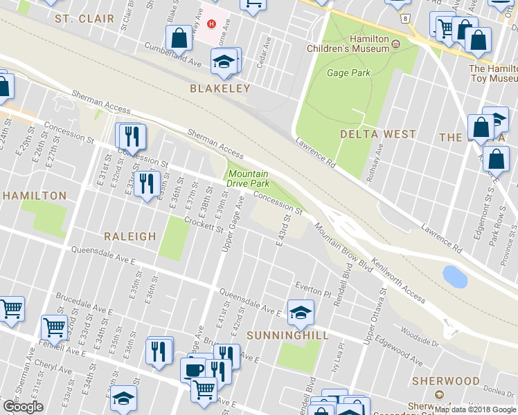 map of restaurants, bars, coffee shops, grocery stores, and more near 968 Concession Street in Hamilton