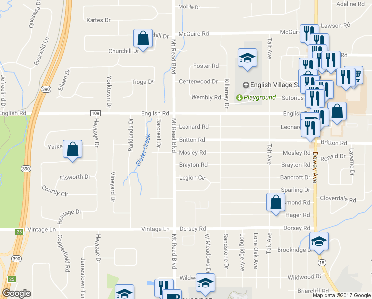 map of restaurants, bars, coffee shops, grocery stores, and more near 390 Mosley Road in Rochester