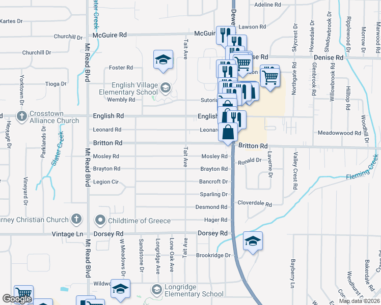 map of restaurants, bars, coffee shops, grocery stores, and more near 124 Mosley Road in Rochester