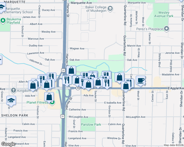 map of restaurants, bars, coffee shops, grocery stores, and more near 924 Shonat Street in Muskegon