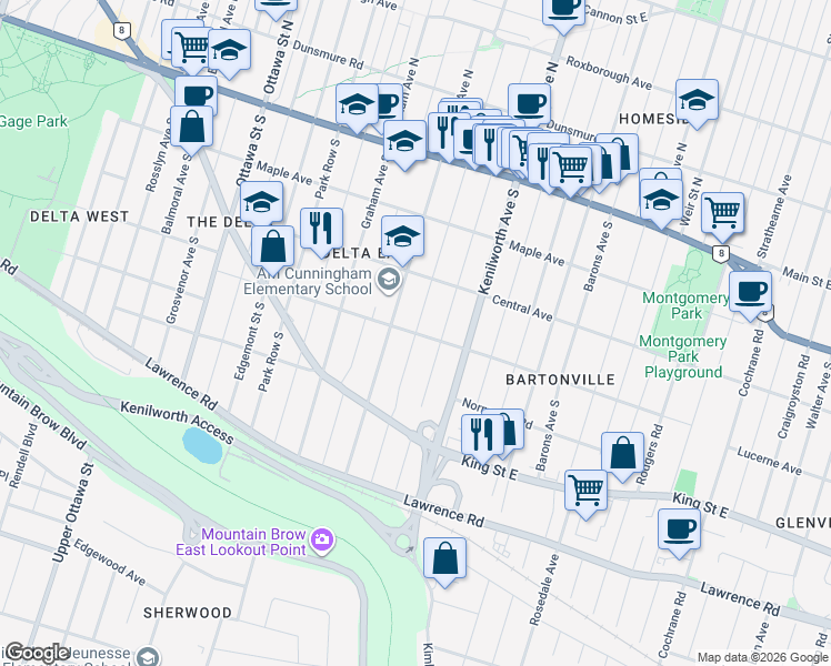 map of restaurants, bars, coffee shops, grocery stores, and more near Huxley Avenue South in Hamilton
